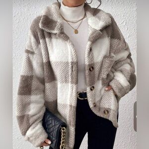 SHEIN Plaid Faux Fur Shacket Jacket - Taupe & Cream